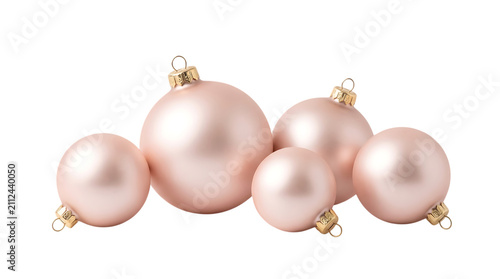 Group of elegant matte pink christmas ornaments isolated on a white background for holiday decoration