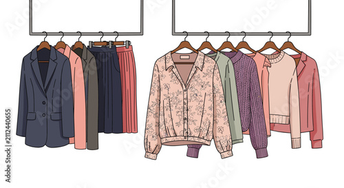 Foto Stylish women's clothing including blazers, skirts, and sweaters arranged neatly on two separate clothing racks