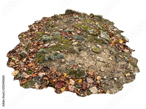 Pile of dry autumn leaves and soil with moss isolated on transparent background. Useful for seasonal nature and garden.