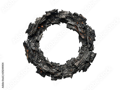 A circular ring of charred wood fragments isolated on transparent background. Useful for design overlays and nature.