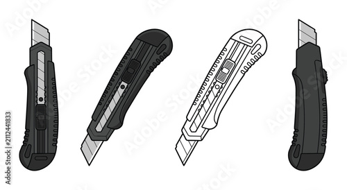Professional utility knife set icons with sharp retractable blades