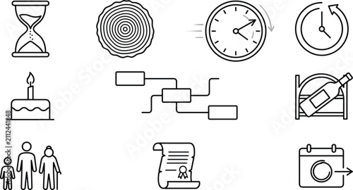 Fotografía Time tracking and aging process line icons set for lifespan management and histo