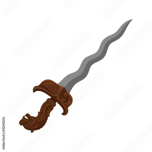 Foto Traditional Indonesian kris dagger with a wavy blade and ornate wooden handle