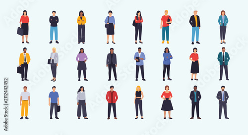 Extensive grid of diverse people characters wearing various clothing styles represents a multicultural community of individuals.