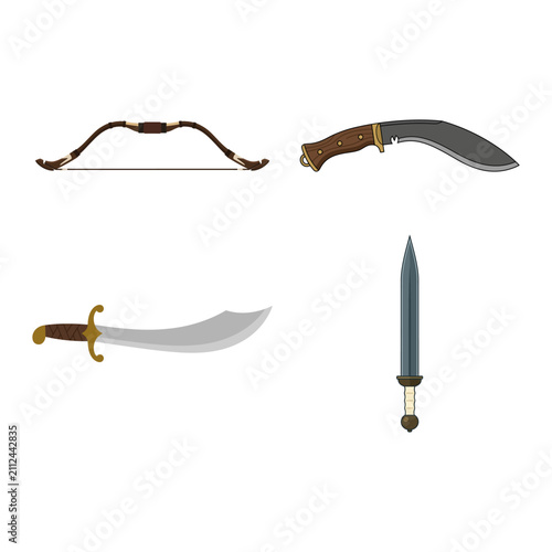 Фотография Vector illustration set of medieval fantasy weapons including bow, kukri, scimit