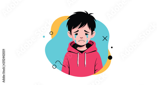 Фотография Heartbreaking illustration of a young boy in a red hoodie crying with tears on his face set against abstract blue shapes