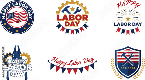 USA Labor Day 2026 Badge Collection With Canada Labour Day Emblems, September 7 Celebration, Patriotic Worker Tools, Vintage Vector Set
