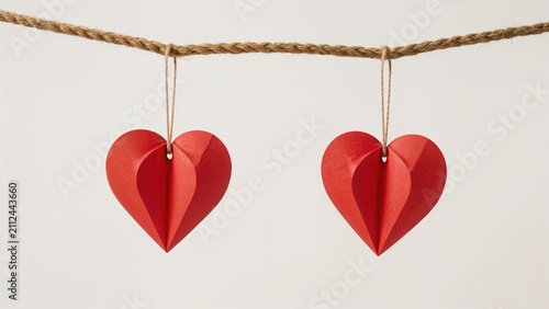 Two red paper hearts hanging from a string, symbolizing love and romance.