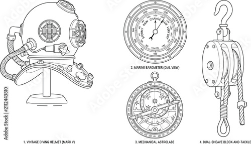 Vintage maritime collection featuring a diving helmet marine barometer mechanical astrolabe and dual sheave block and tackle line art