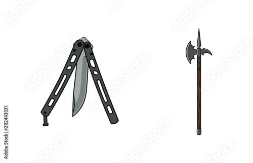 A detailed vector illustration featuring a folding butterfly knife and a medieval halberd weapon