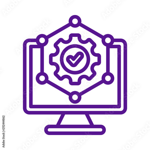 Digital analysis and automated workflow processes represented by a computer screen with gear and network connections transparent background