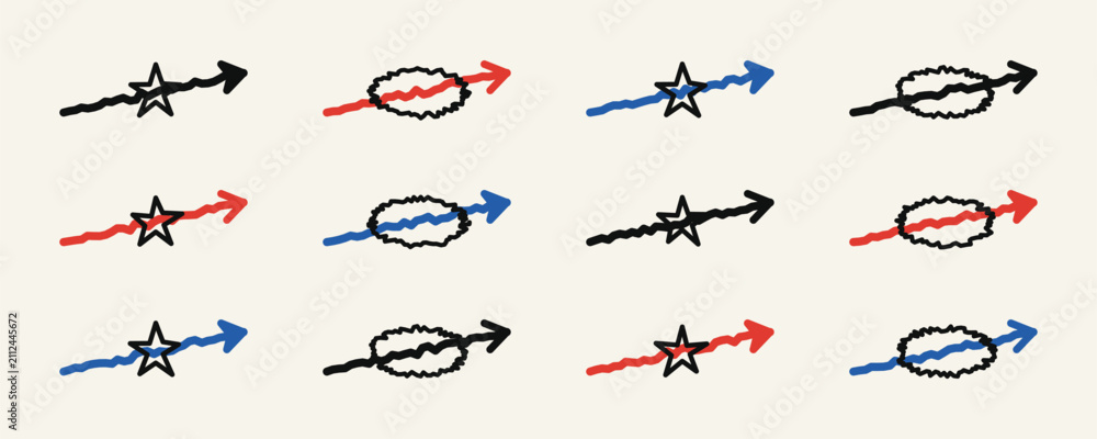 Fototapeta premium Abstract directional arrows with star and oval elements indicating progress and strategy on a light background