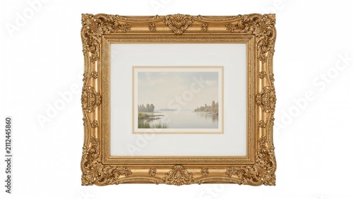 A gold ornate frame surrounding a landscape painting of a river and trees, with a white matting inside the frame.