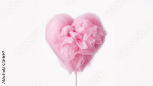 Pink fluffy heart-shaped cotton candy on a stick.