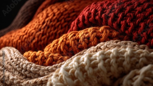 Cozy stacked knitted winter sweaters in warm autumn colors. Perfect for seasonal fashion and comfort concepts.