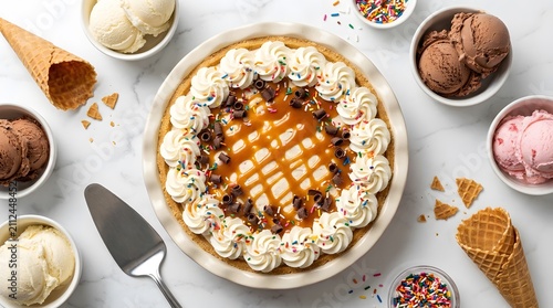Ice cream pie with caramel drizzle, frozen dessert cake with whipped cream and sprinkles, perfect for National Ice Cream Pie Day