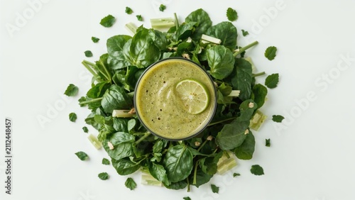 Fresh green spinach leaves arranged around a glass of green smoothie with a lime slice on top. Healthy food and beverage concept. Vegetables and nutrition. The concept of health and diet