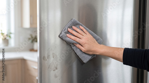 Woman hand cleaning stainless steel refrigerator surface in kitchen, wiping smudges with microfiber cloth, doing housework