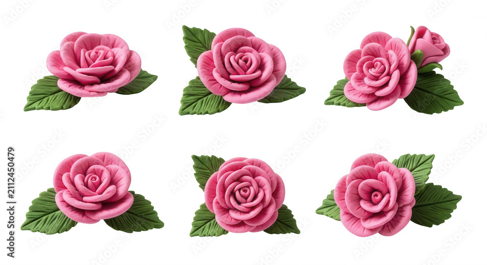 Obraz premium pink clay roses with leaves studio shot on white background for diy projects educational content or artistic expression
