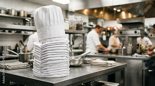 Stack of White Chef Hats Ready for Service in a Busy Restaurant Kitchen