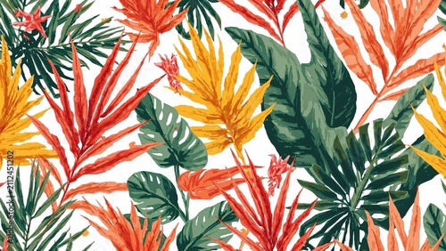Vibrant tropical leaves pattern with various green, orange, red, and yellow foliage, creating a lush and colorful botanical design.