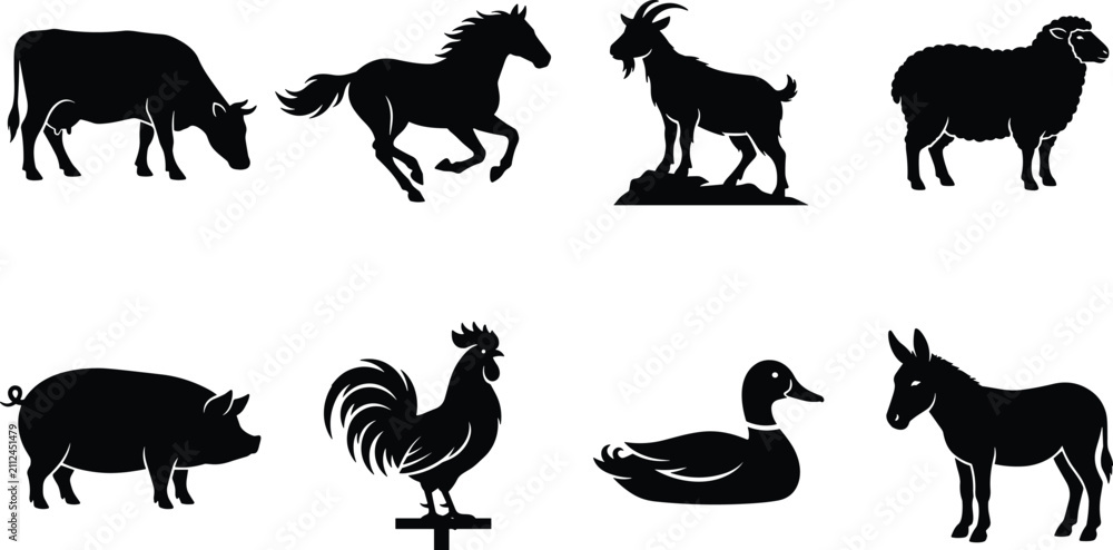 Fototapeta premium Farm Animal Silhouette Collection Set with Cow Horse Goat Sheep Pig Duck Rooster Donkey