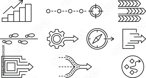 Business roadmap milestones and project milestones strategic workflow development process line icons set