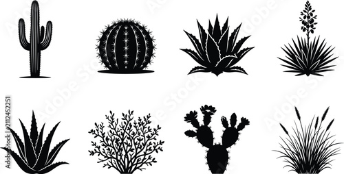 Set of black silhouette desert plants featuring various cacti, agave, succulents, and grass vectors