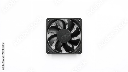 A computer cooling fan in a square frame, black color, designed for airflow and temperature regulation inside electronic devices.