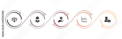 filled business icons set - multitasking woman, woman holding big coin, hand with money gear, spike chart. editable vector for web and mobile ui