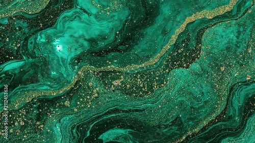 Abstract green marble pattern with gold speckles and flowing veins. Artistic design, natural texture, luxury background, and fluid art style.