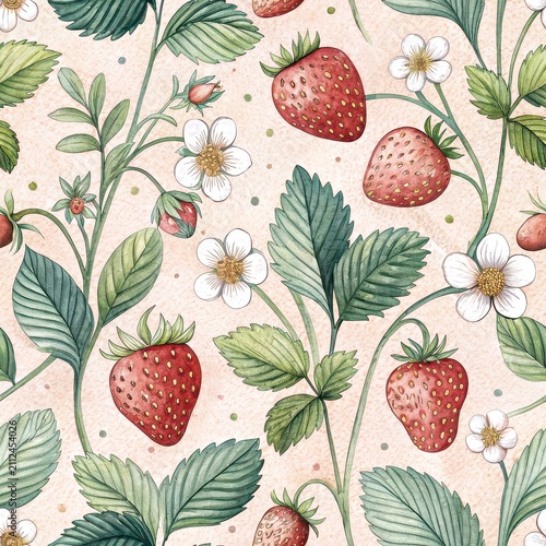 Seamless repeating pattern of strawberries, tiny white flowers, and green leaves