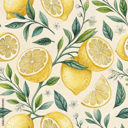 Seamless repeating pattern of whole lemons, lemon halves, slices, leaves, and flowers