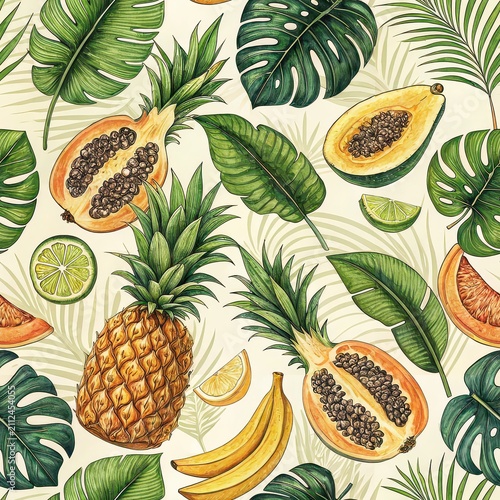 Seamless repeating tropical fruit pattern with pineapples, papayas, bananas, limes, and leaves
