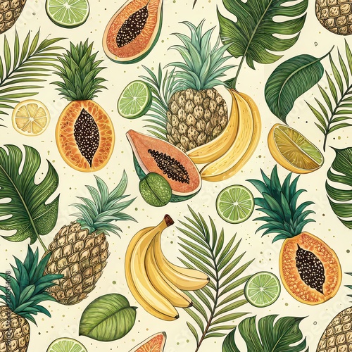 Seamless repeating tropical fruit pattern with pineapples, papayas, bananas, limes, and leaves