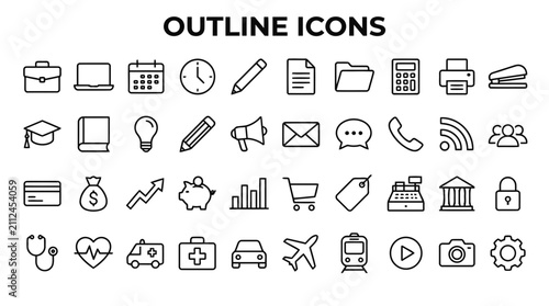 Professional outline icons set for office workspace business finance and healthcare needs.