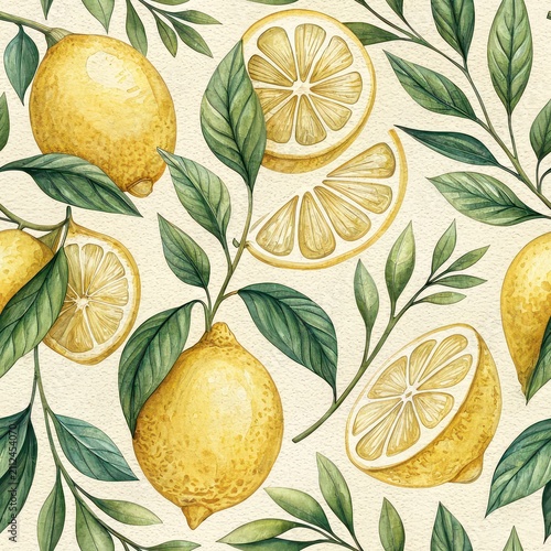 Seamless repeating pattern of whole lemons, lemon halves, slices, and green leaves
