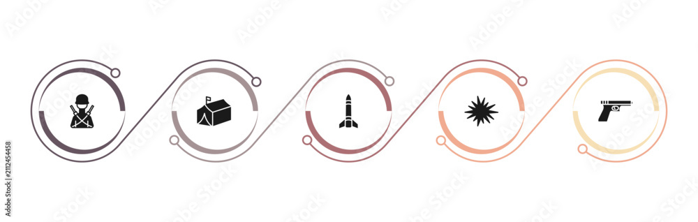 Obraz premium filled army and war icons set - infantry, militar tent, missile, bomb detonation. editable vector for web and mobile ui