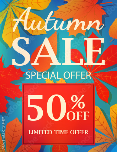 Blue Background Autumn Sale Fifty Percent Off Poster
