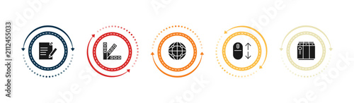 Картината върху платно filled web hosting icons set - edit text, color scheme, globe network, scrolling