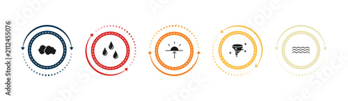 Fotografía filled weather icons set - altostratus, raindrops, dawn, tropical cyclone