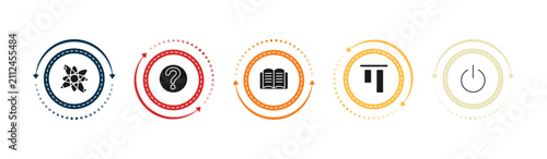 Fotografía filled user interface icons set - nuclear cells, question mark, book opened at center, top alignment