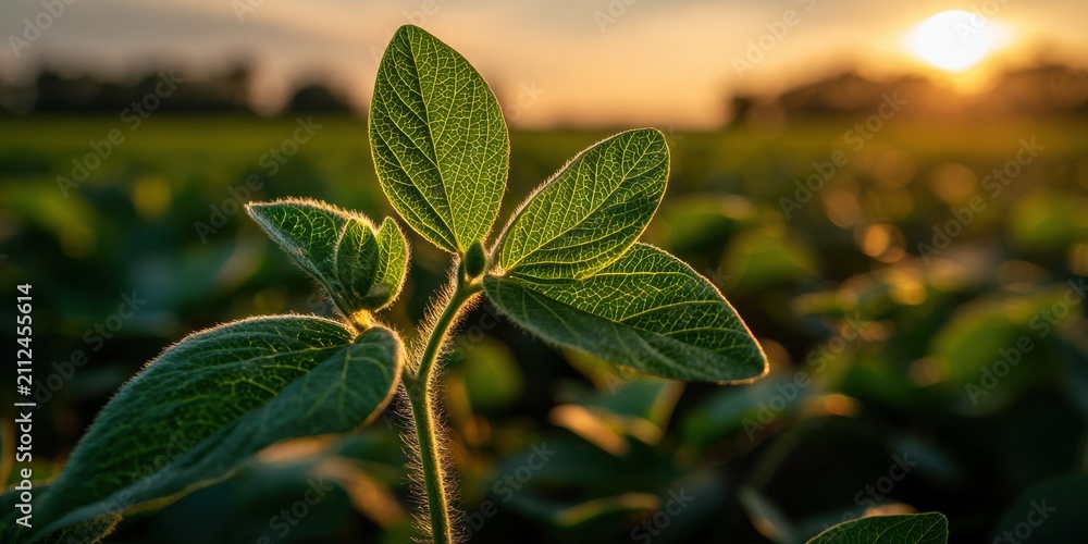 Obraz premium Young soybean plant growing in a fertile field during golden hour sunset. Ideal for agricultural.