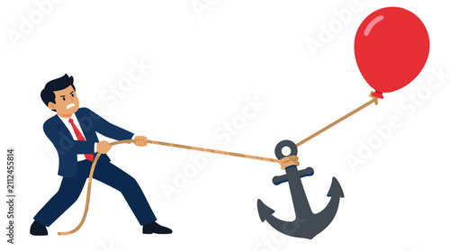 Determined businessman straining to pull heavy iron anchor holding back bright red balloon, overcoming obstacles and resistance in pursuit of success and growth