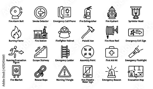 Fire Safety Black Linear Icons Set Emergency Evacuation Outline Vector Illustration