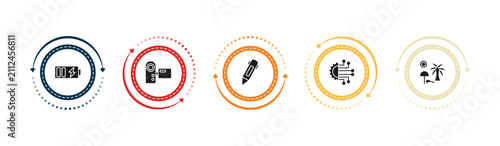filled technology icons set - battery power, video camera front view, digital pen, technology. editable vector for web and mobile ui
