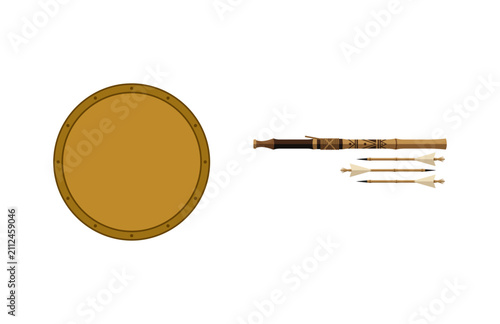 Quadro su tela Round golden shield and traditional wooden blowgun with arrows isolated