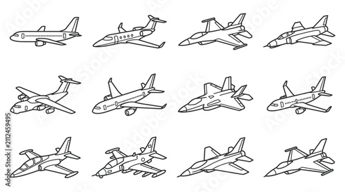 Collection of Aircraft Icons: Jets, Airplanes, Fighters, and Helicopters
