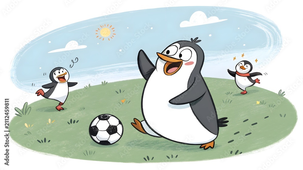 Obraz premium Three happy penguins playing soccer on icy ground