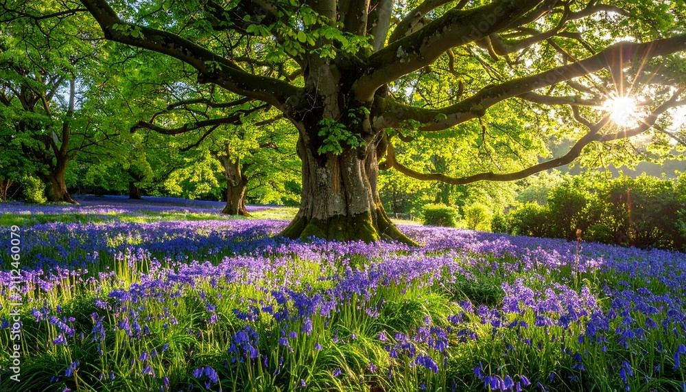 Fototapeta premium Enchanting Bluebell Woodland Scene with Majestic Tree and Sunlight.